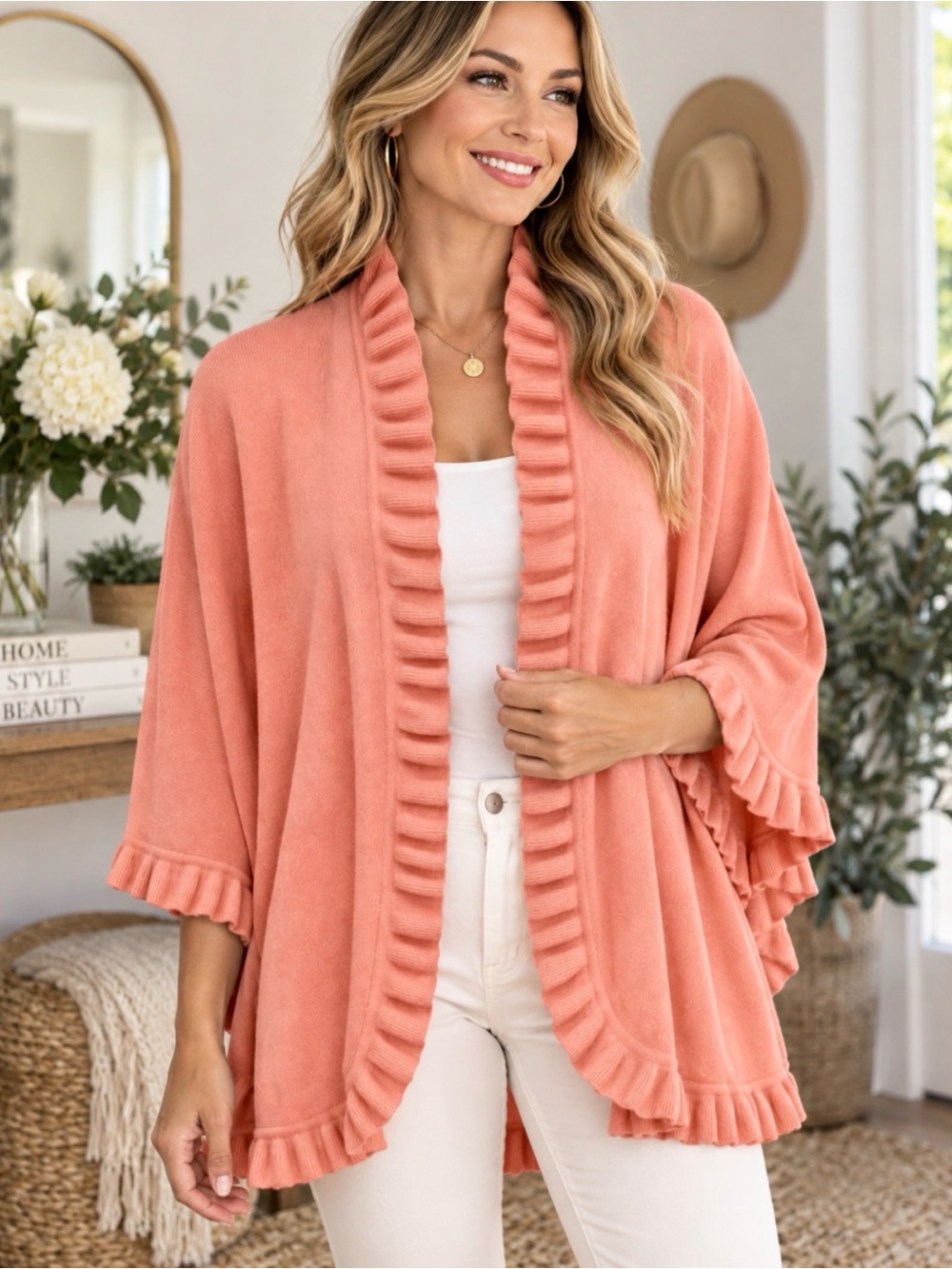 Coral Pink Ruffle Poncho Cardigan One Size Oversized Boho